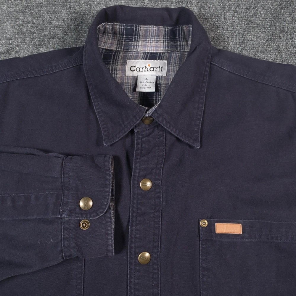 Carhartt Flannel Lined Shirt Jacket Mens Large Navy Blue Snap Button Shacket